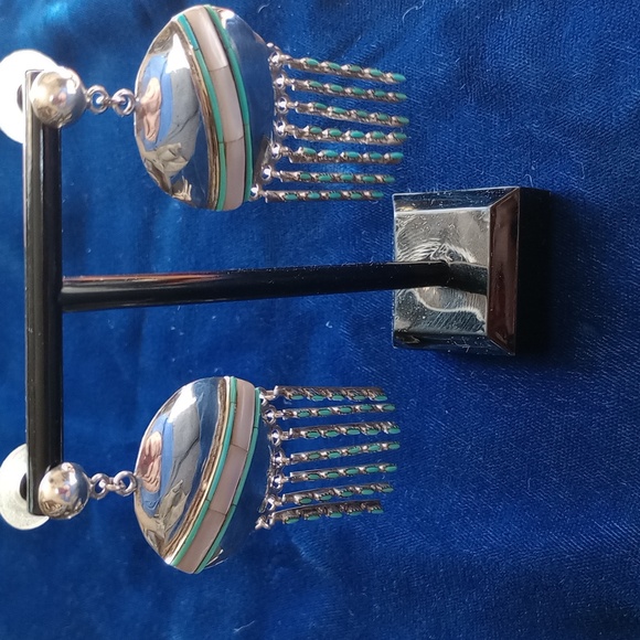 Native American Mother Of Pearl & Turquoise Sterling Silver Dangle Stud Earrings - Picture 11 of 16